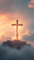 A majestic cross illuminated by sunset clouds, ideal for an inspiring phone wallpaper.   