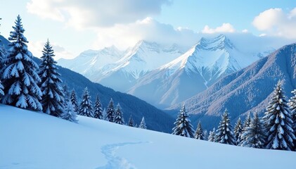 Fototapeta premium Scenic winter landscape of Taganay National Park with snow-covered trees and mountains, snow, mountains