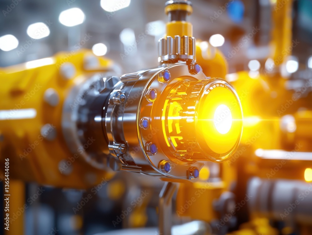 Poster close-up of high-tech industrial machine component with glowing orange light in a factory setting