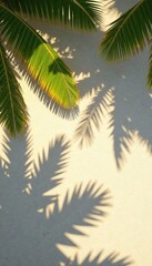 Tropical palms casting shadows on sandy beach with minimal sunlight, flat lay arrangement,  sunlight,  flat lay