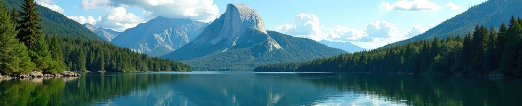 Scenic view of Lake Lure with majestic Chimney Rock in the background surrounded by lush forest and clear blue skies,  scenery,  rocks
