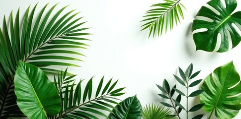 Tropical plants bush arrangement with Monstera, palm, rubber plant, pine, bird?s nest fern leaves on white background,  clipping path,  palm