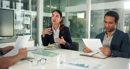 Graphs, business people and meeting with documents for planning, investment and market trends. Group, paper and brainstorming with manager for profit growth, strategy or global sales data in office - Powered by Adobe