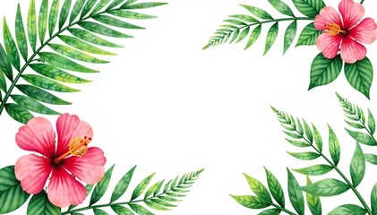 Tropical watercolor drawing of palm leaves, rose, hibiscus, pansy, and fern on a white background, tropical,  flowers