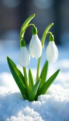 Snowdrop flowers blooming in fresh snow, symbolizing the arrival of spring,  white,  first