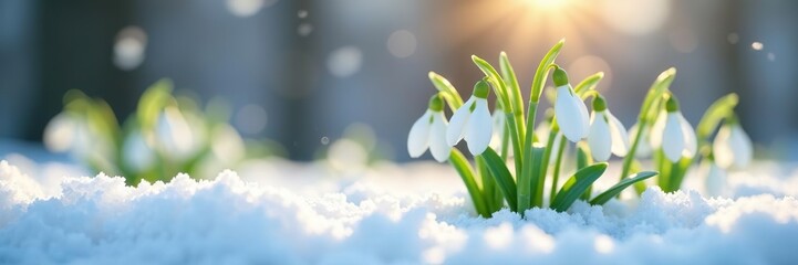 Snowdrop flowers blooming in fresh white snow, signaling the arrival of spring,  icy,  landscape