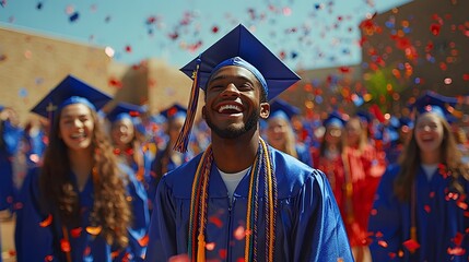 Obraz premium Joyful graduate amidst confetti, celebrating success outdoors