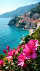 Seafront landscape with vibrant azalea flowers overlooking the stunning French Riviera coastal town,  coastal town,  coastline