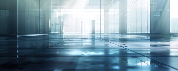 Blurry atmosphere out of focus background of an office building with glass walls, leading to the foreground where there is a large floor made from dark blue tile and white tiles modern futuristic.