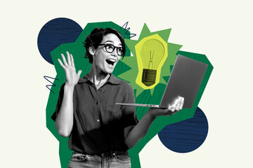 Template sketch trend artwork 3D photo collage of logic jigsaw challenge think solution young lady smile hold laptop hello meeting student