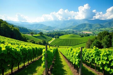 Naklejka premium Scenic view of lush vineyards in Priora with rolling hills and vibrant greenery, hills, beautiful