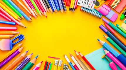 Fototapeta premium Vibrant and colorful school supplies arranged neatly with plenty of copy space in the center for creative use