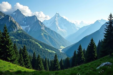 Obraz premium Scenic view of majestic mountains with dense coniferous forest in foreground, mountain, tranquil