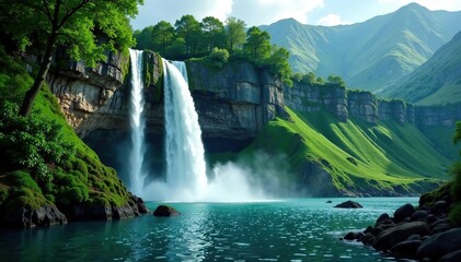 Fototapeta premium Scenic view of majestic waterfall cascading down lush green cliff in tranquil forest setting, lush, scenery