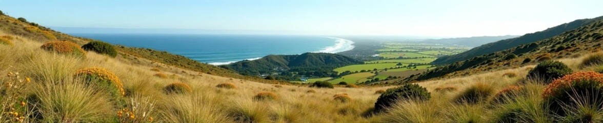 Fototapeta premium Scenic view of McNee Ranch State Park with rolling hills, wildflowers, and ocean views, hills, USA