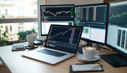 modern trading setup featuring multiple monitors displaying financial charts and data, with laptop, coffee, and calculator