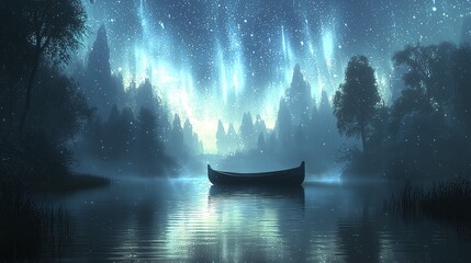 A serene lake reflects the bright aurora over the forest
