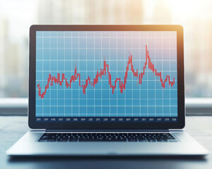 laptop displaying financial graph with fluctuating red lines on blue grid background, symbolizing market trends and analysis
