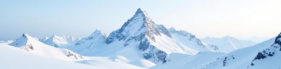 Snowy mountain peak rising from serene white landscape, snow capped mountains, wintry scenery, snow,  mountains