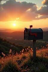 Rural mailbox on ridgeline at sunset in NSW countryside,  horizon,  countryside