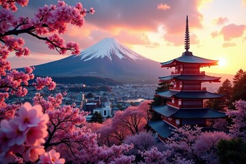 Scenic view of Mount Fuji and Chureito pagoda with cherry blossoms in full bloom during sunset in Fujiyoshida, Japan,  Chureito pagoda,  Japan