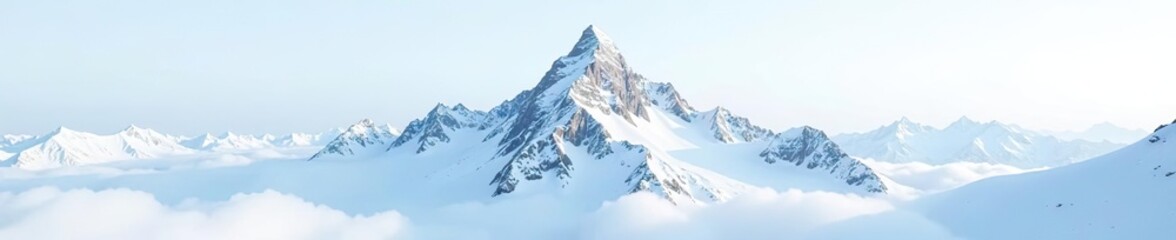 Snowy mountain peak towering over a serene white landscape, with snow capped mountains in the background,  ice,  cold