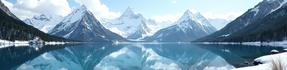 Scenic view of Panorama Morskiego Oka with snow-capped mountains reflecting in crystal clear lake,  breathtaking,  vacation