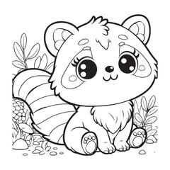 Coloring book for children cute raccoon sitting on the grass