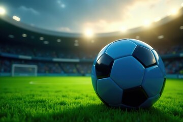 Fototapeta premium Soccer field background with large blue soccer ball, competition, athletic