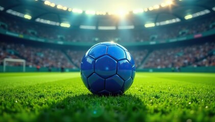 Fototapeta premium Soccer field with large blue soccer ball in the center, grass, background
