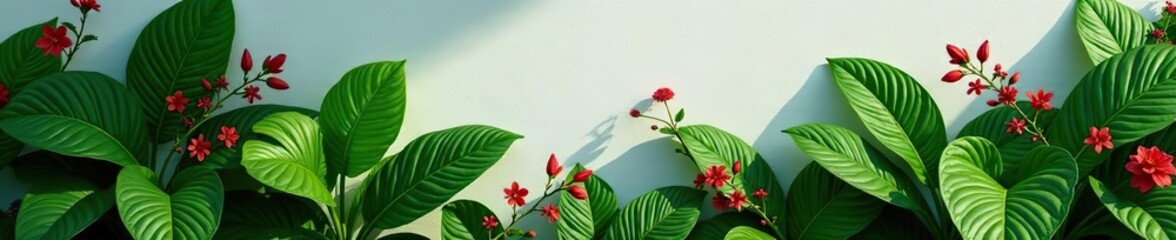 Variety of green leaf tropical plants and flowers covering a wall,  vibrant,  plants