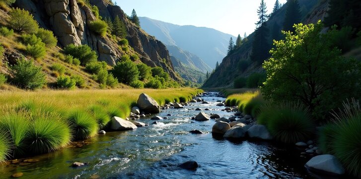 Scenic view of Piru Creek flowing through Los Padres National Forest surrounded by lush green vegetation and rocky cliffs,  California,  landscape