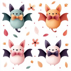 Fototapeta premium Cute cartoon bats with bow ties surrounded by leaves, creating a whimsical autumn vibe.