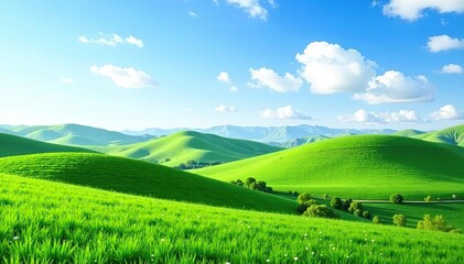Obraz premium Scenic view of rolling green hills under blue skies, outdoors, lush