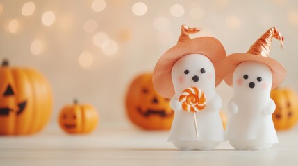 Two ghost figurines in hats with pumpkins and festive lights create a cheerful Halloween atmosphere.