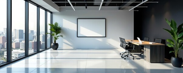 Sleek and minimalist modern office space with corporate background,  white,  business