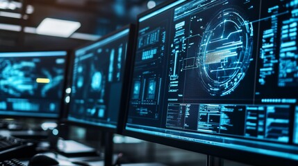 Obraz premium An AI powered cybersecurity system, detecting and blocking digital threats in real-time on a computer screen, Security tech style