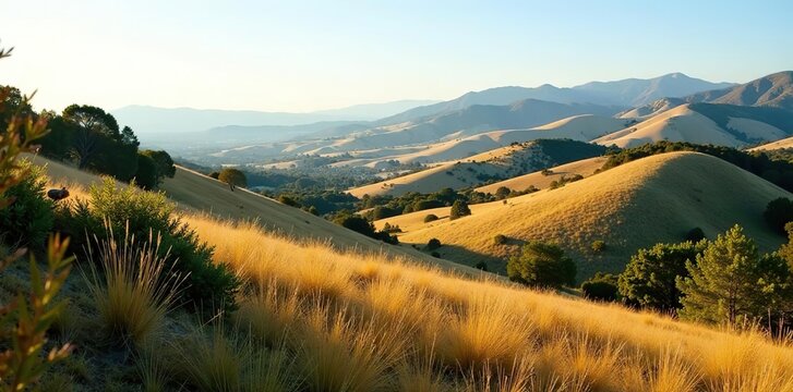 Scenic view of rolling hills and native plants at San Marcos Foothills Preserve in Goleta, Santa Barbara County,  vegetation,  outdoor