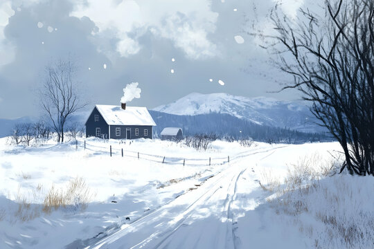 Cozy cottage in a snowy countryside with mountains beyond and gentle snowfall, evoking peace, warmth, and rural winter nostalgia. - Powered by Adobe