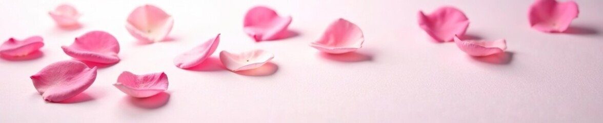 Soft and delicate rose petals scattered on a crisp white background,  romantic,  flower