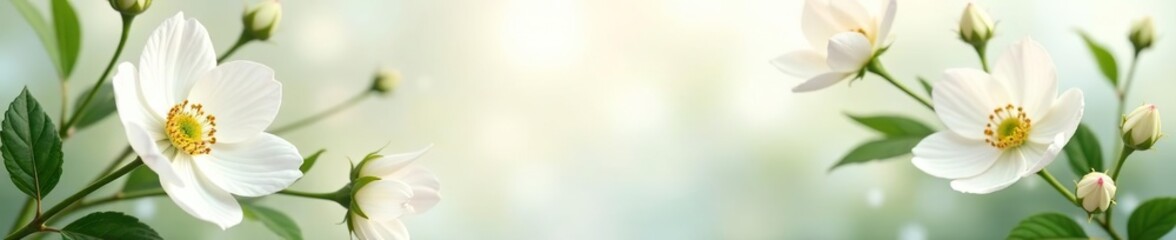 Obraz premium Soft and delicate white floral background with lush blooms and green leaves, perfect for adding a touch of elegance to any design project, white, background