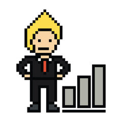 Fototapeta premium Cartoon cute pixel cartoon 8bit character business man businessman smart work game decoration business 8 bit male career smart character game 8bit png vector.