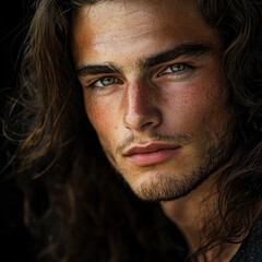 Obraz premium Сlose-up portrait of a young pensive man with intense eyes, skin texture, and long wavy hair on black. Dramatic lighting enhances mystery and depth, creating a cinematic, edgy aesthetic.Generative ai