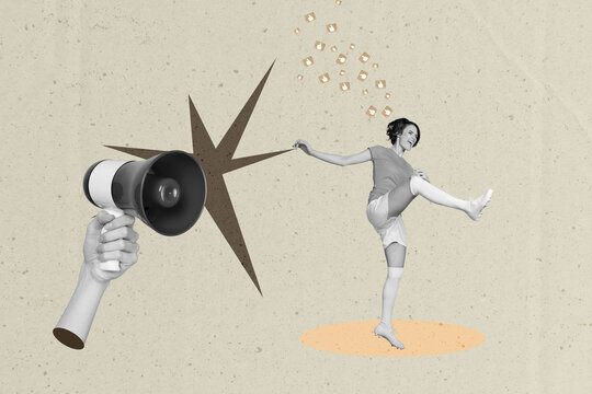 Picture metaphor collage of girl soccer player feel happy near big megaphone background - Powered by Adobe