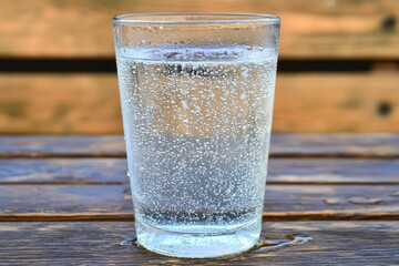 Closeup of Sparkling Water in Glass on Wooden Table
