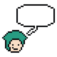 Cartoon pixel cute character man face with chat box blank decoration 8 bit male boy say speak discuss idea chat box cartoon pixel 8bit game png vector.