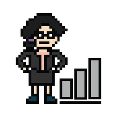Obraz premium Cartoon cute pixel cartoon 8bit character business woman office smart work game decoration business 8 bit female lady businesswoman career smart character game png vector.