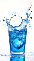 Refreshing Blue Splash: A vibrant burst of blue liquid erupts from a clear glass, forming dynamic splashes. Capturing the beauty of liquid dynamics and refreshment.