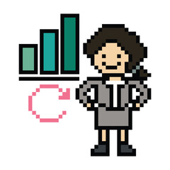 Fototapeta premium Cartoon cute pixel cartoon 8bit character business woman office smart work game decoration business 8 bit female lady businesswoman career smart character game png vector.