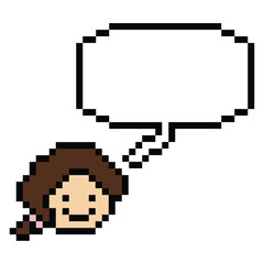 Obraz premium Cartoon pixel cute cartoon character face woman with chat blank decoration 8 bit female girl say speak discuss idea chat box cartoon pixel game 8bit png vector.